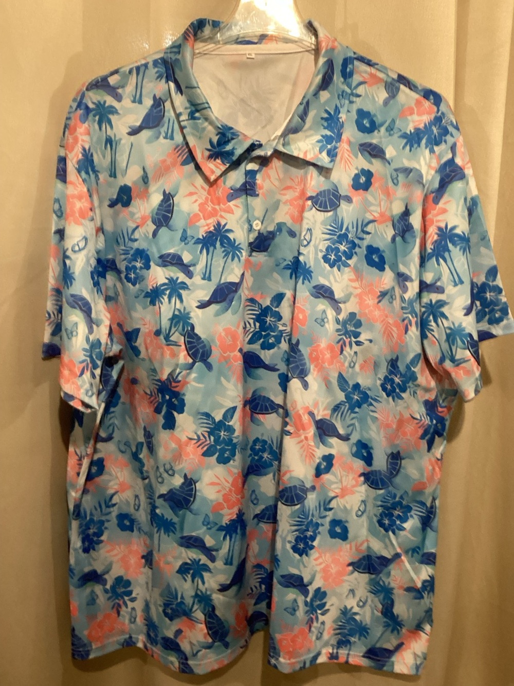 Men's Tropical Print Polo Shirt - Light Blue & Coral